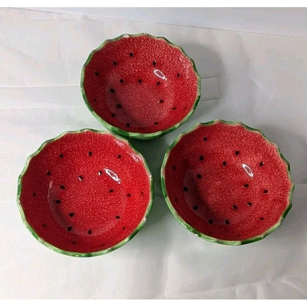 Sonoma Home Goods Fruit Punch Watermelon Ceramic Bowl Set of 3 Red Green